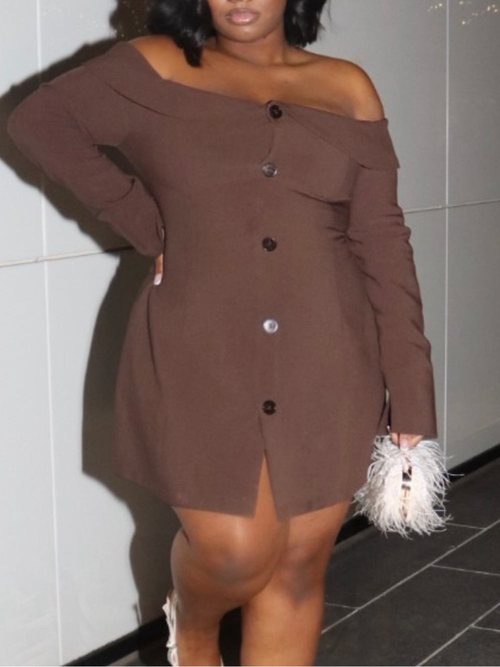 Off-Shoulder Brown Button-Front Mini Dress